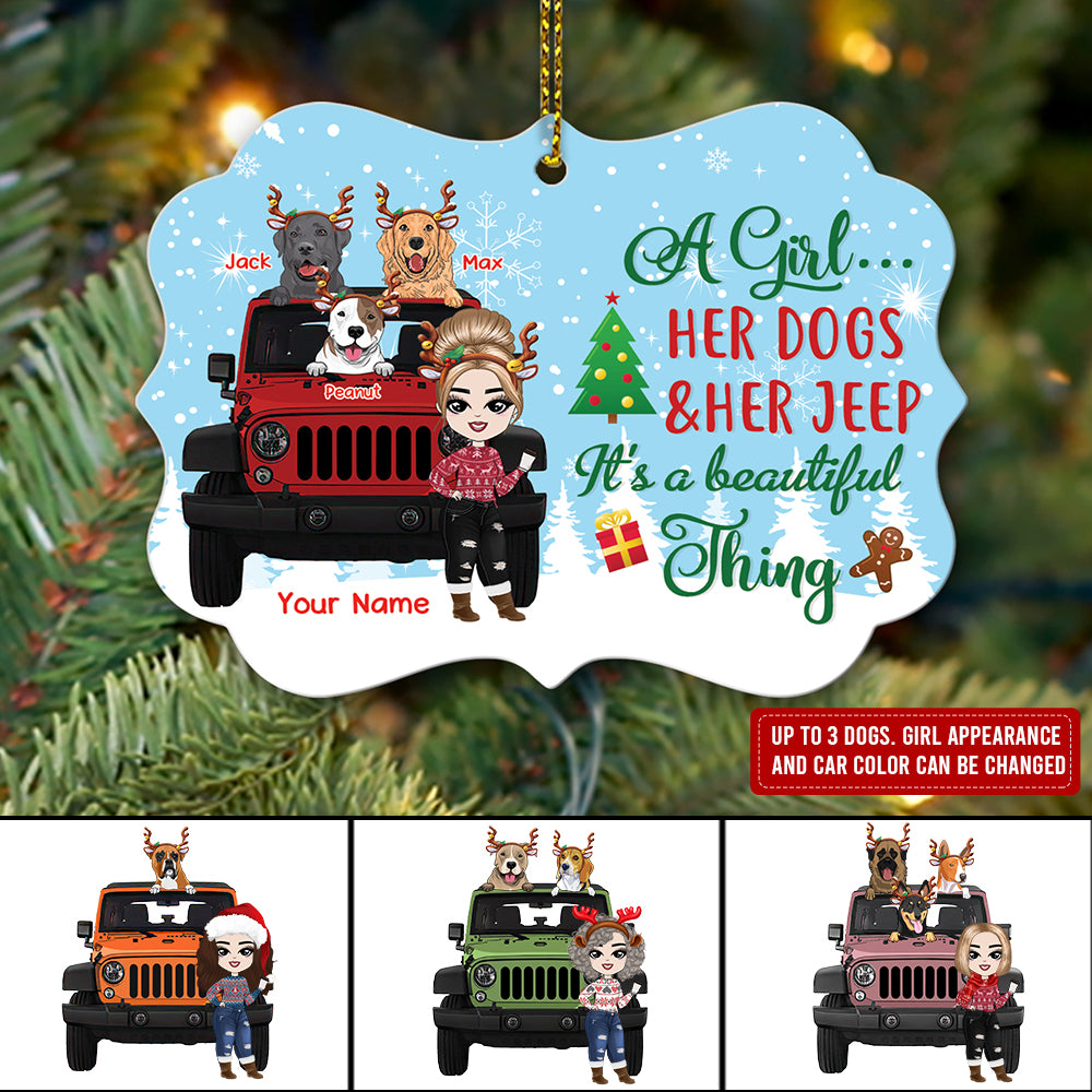 89Customized A Girl Her Dogs And Her Jeep It's A Beautiful Thing Personalized Ornament