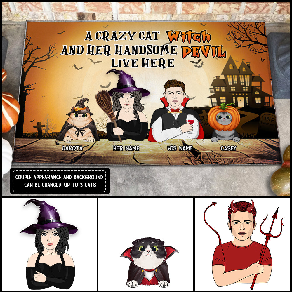 89Customized A crazy cat witch and her handsome devil live here Customized Doormat