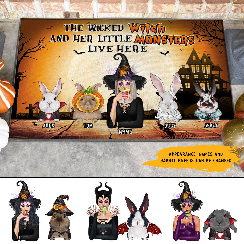 89Customized A wicked witch and her little monsters live here Rabbit Lovers Personalized Doormat