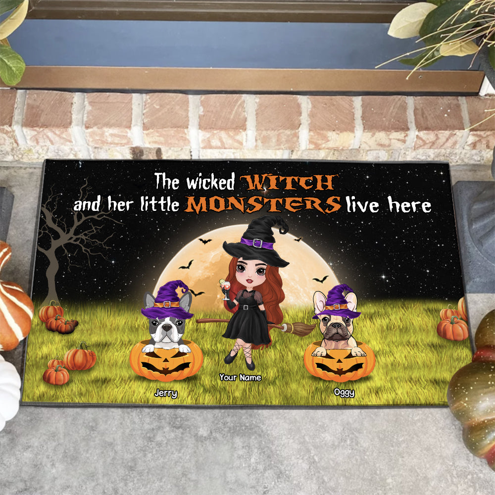 89Customized The wicked witch and her little monsters live here dog and witch 2 Customized Doormat