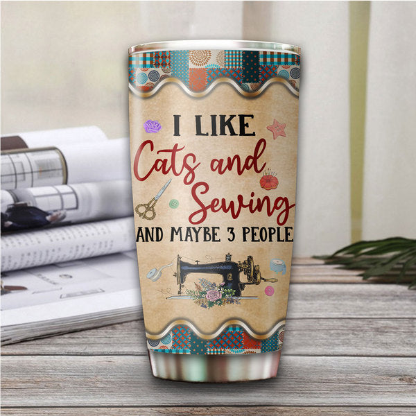 89Customized Sewing And Cats Are My Therapy - Personalized Tumbler