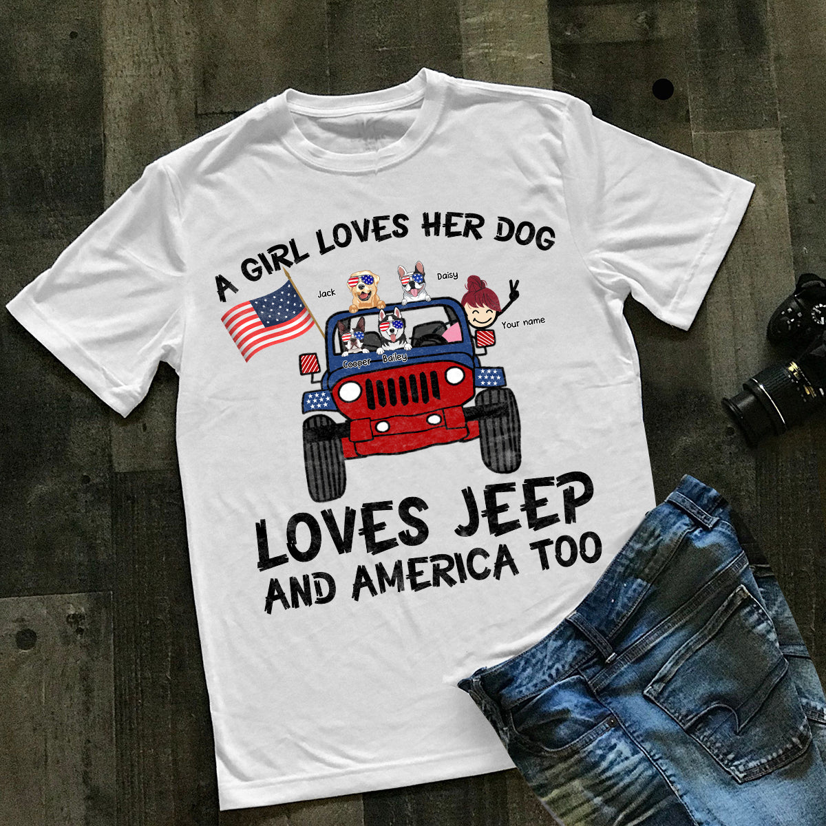 89Customized A girl loves her dogs loves jeep and America too Customized Shirt