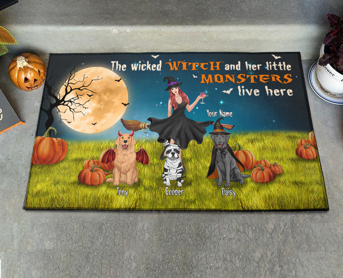 89Customized A Wicked Witch And Her Little Monsters Dogs Live Here Personalized Doormat