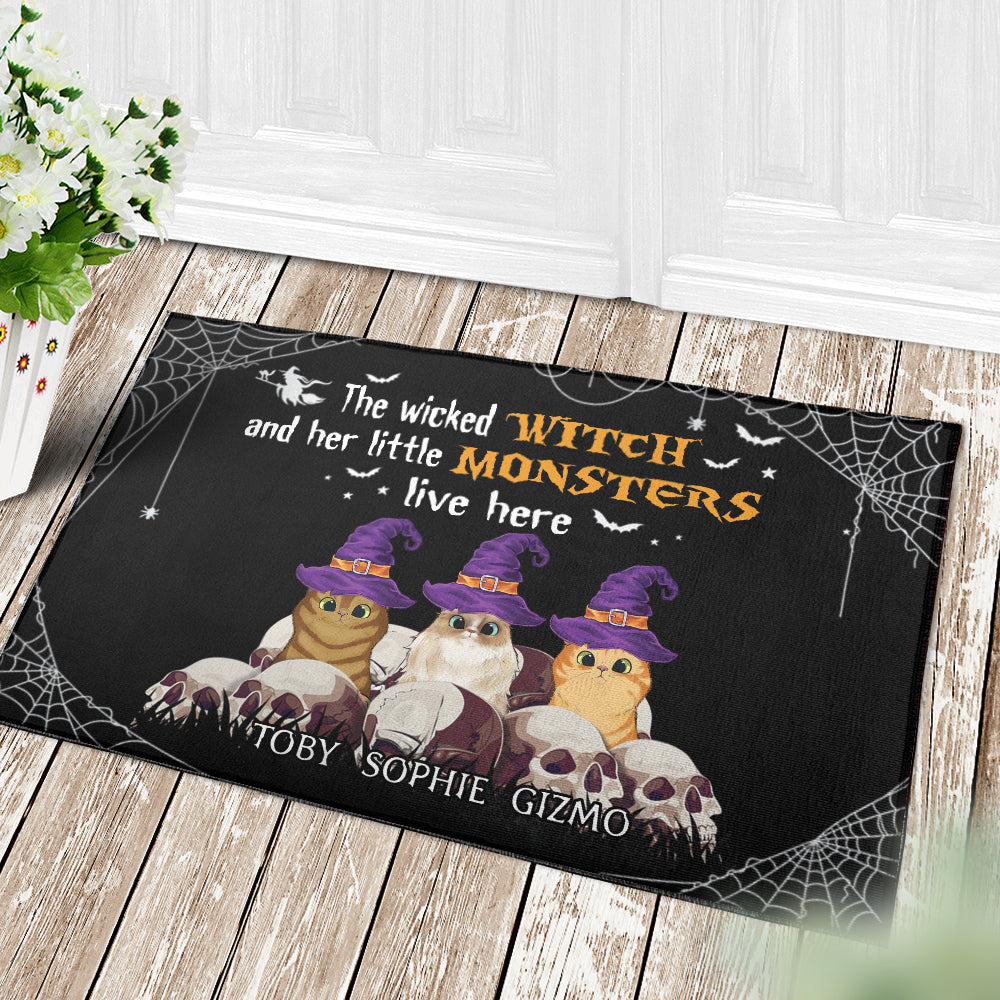 89Customized Wicked Witch And Monster Cats Live Here Halloween Personalized Doormat