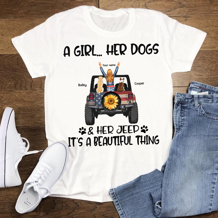 89Customized A girl her dogs & her jeep it's a beautiful thing Customized Shirt
