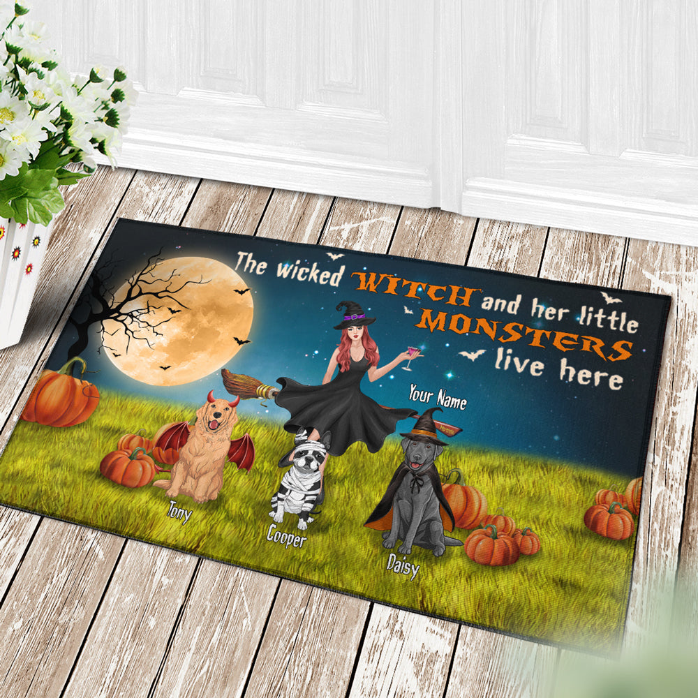 89Customized A Wicked Witch And Her Little Monsters Dogs Live Here Personalized Doormat