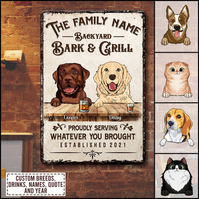 89Customized Deck/Patio/Backyard Bark & Grill Personalized Printed Metal Sign For Dog And Cat Lovers
