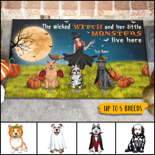 89Customized A Wicked Witch And Her Little Monsters Dogs Live Here Personalized Doormat