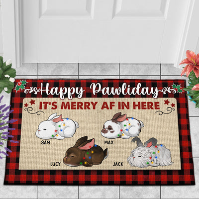 89Customized Happy Pawliday It's Merry AF In Here Rabbit Personalized Doormat
