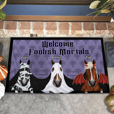 89Customized Welcome Foolish Mortals Horses Halloween personalized doormat