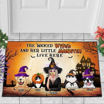 89Customized A wicked witch and her little monsters live here Pet and Witch Customized Doormat