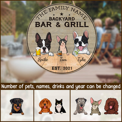 89Customized Cat And Dog Backyard Bar & Grill Personalized Wood Sign