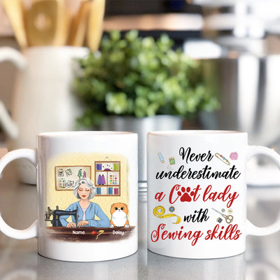 89Customized Never underestimate a cat lady with sewing skills old lady Personalized Mug