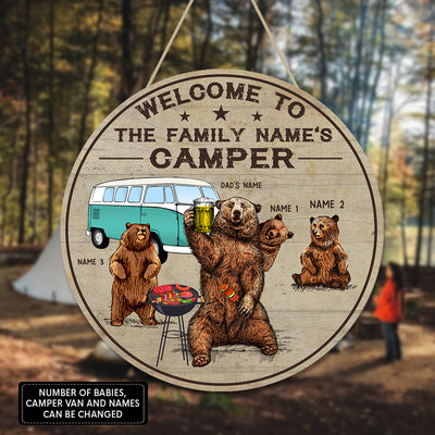 89Customized Welcome to our camper bear family personalized wood sign