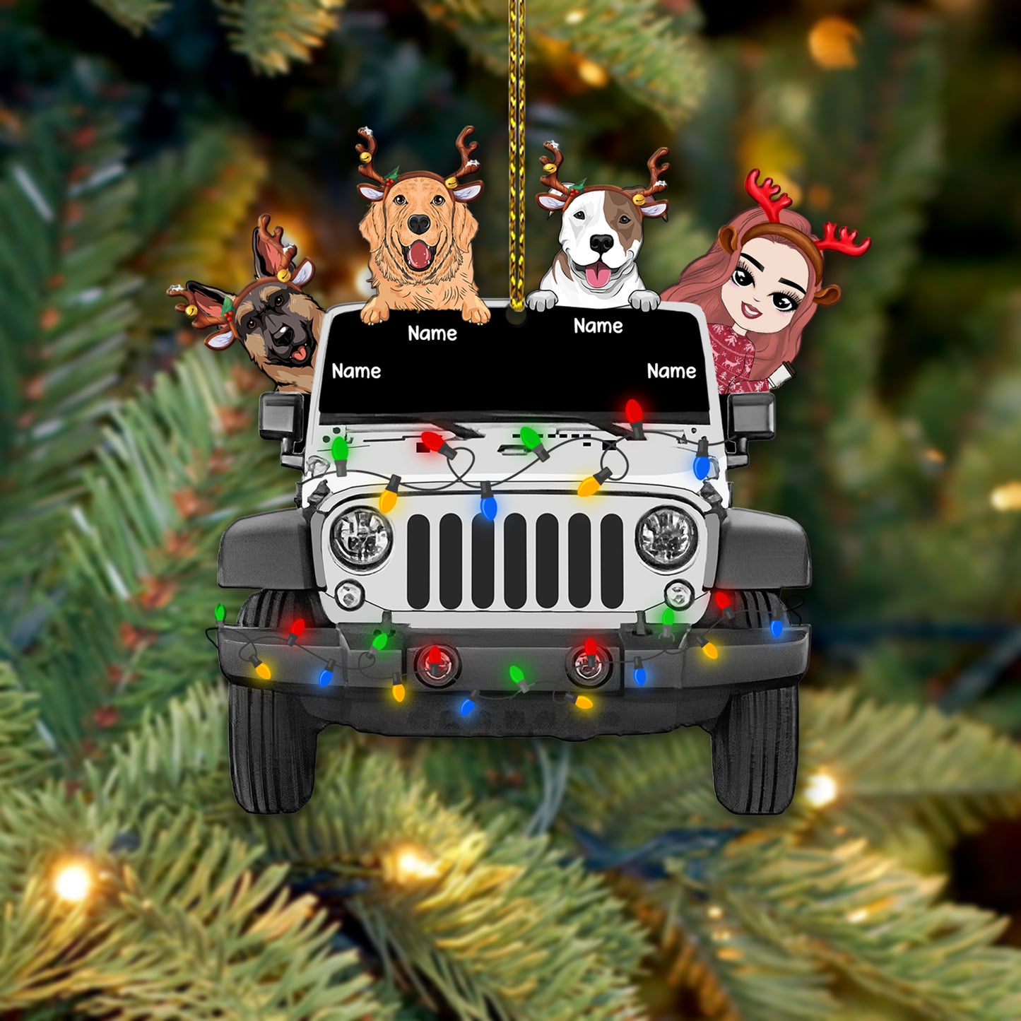 89Customized Christmas Jeep Girl And Dogs Personalized Ornament