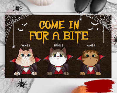 89Customized Come in for a bite cat vampire halloween personalized doormat