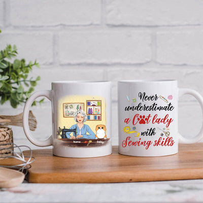 89Customized Never underestimate a cat lady with sewing skills old lady Personalized Mug