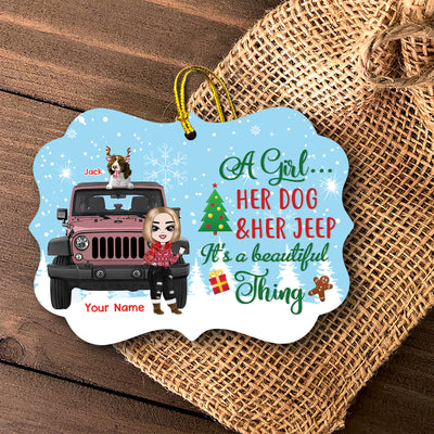 89Customized A Girl Her Dogs And Her Jeep It's A Beautiful Thing Personalized Ornament