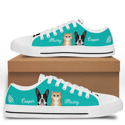 89Customized Funny Dog and Cat Customized White Low Top Shoes