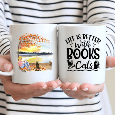 Personalized Mug Autumn Girl At Dock Reading Books Loves Cats