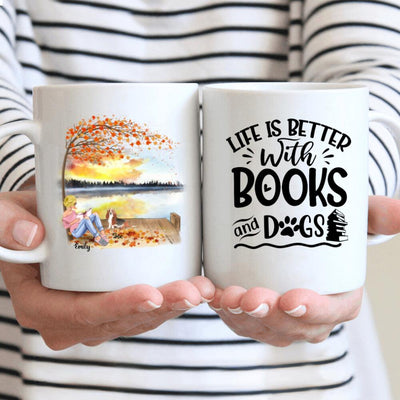 Personalized Mug Autumn Girl At Dock Reading Books Loves Dogs