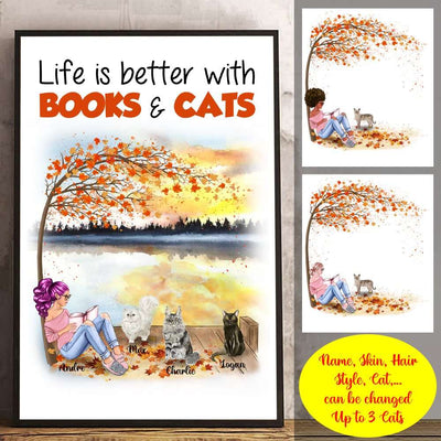 Personalized Poster Autumn Girl Reading Life Is Better With Books And Cats