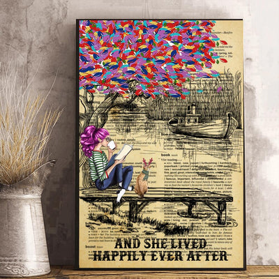 Personalized Poster Dictionary Girl Reading Books At Dock Loves Cats And She Lived Happily Ever After