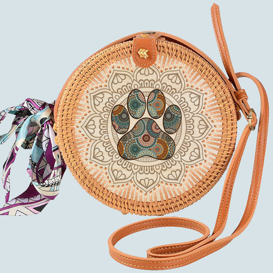 89Customized Dog foot print mandala rattan straw bag