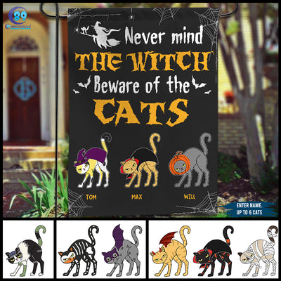 89Customized Never mind the Witch Beware of the cats Halloween Personalized Garden Flag