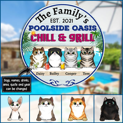 89Customized Cats Poolside Bar & Grill Personalized Wood Sign