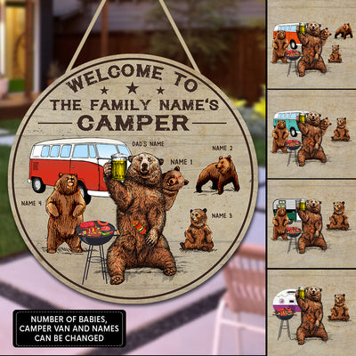 89Customized Welcome to our camper bear family personalized wood sign