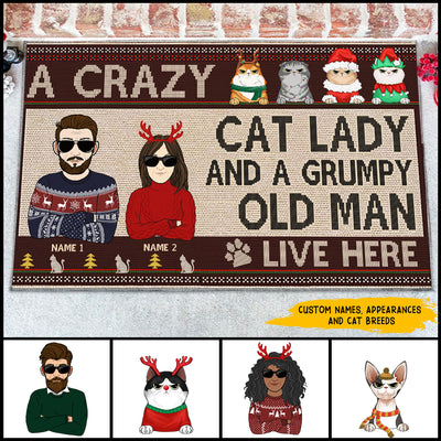 89Customized A crazy cat lady and a grumpy old man live here Christmas Personalized Doormat
