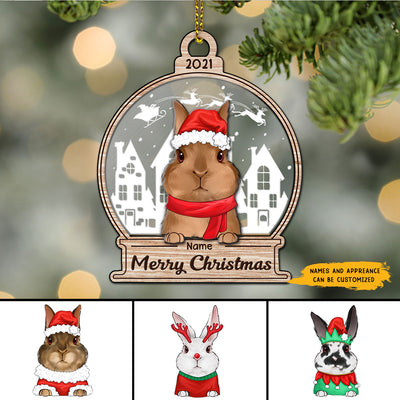 89Customized Snowglobe Christmas Rabbit Lovers 3D 2 Layered Mix Ornament