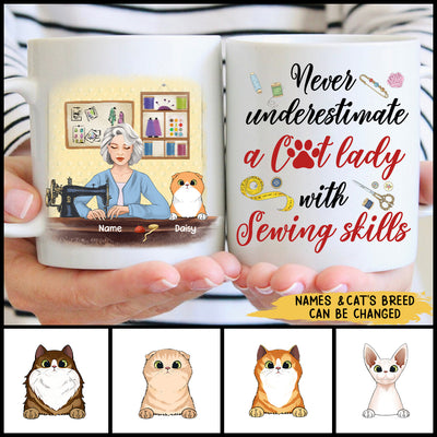 89Customized Never underestimate a cat lady with sewing skills old lady Personalized Mug