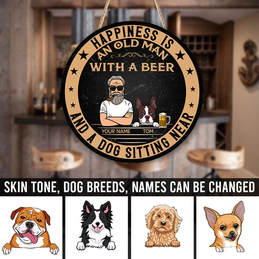 89Customized Old man with a beer and a dog sitting near Customized Wood Sign