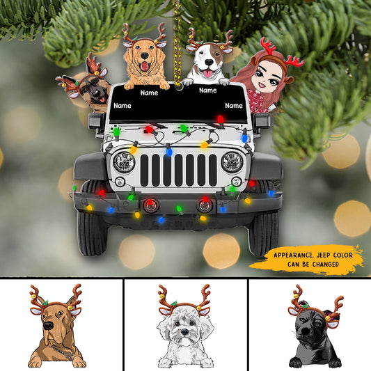 89Customized Christmas Jeep Girl And Dogs Personalized Ornament