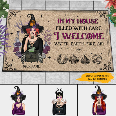 89Customized In this house I welcome water, earth, fire, air Customized Doormat