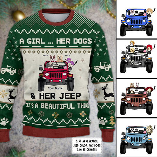 89Customized A girl her dogs & her jeep it's a beautiful thing 3 Customized Ugly Sweater