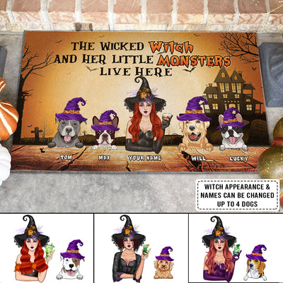 89Customized The wicked witch and her little monsters live here Halloween Witch and her dogs Customized Doormat