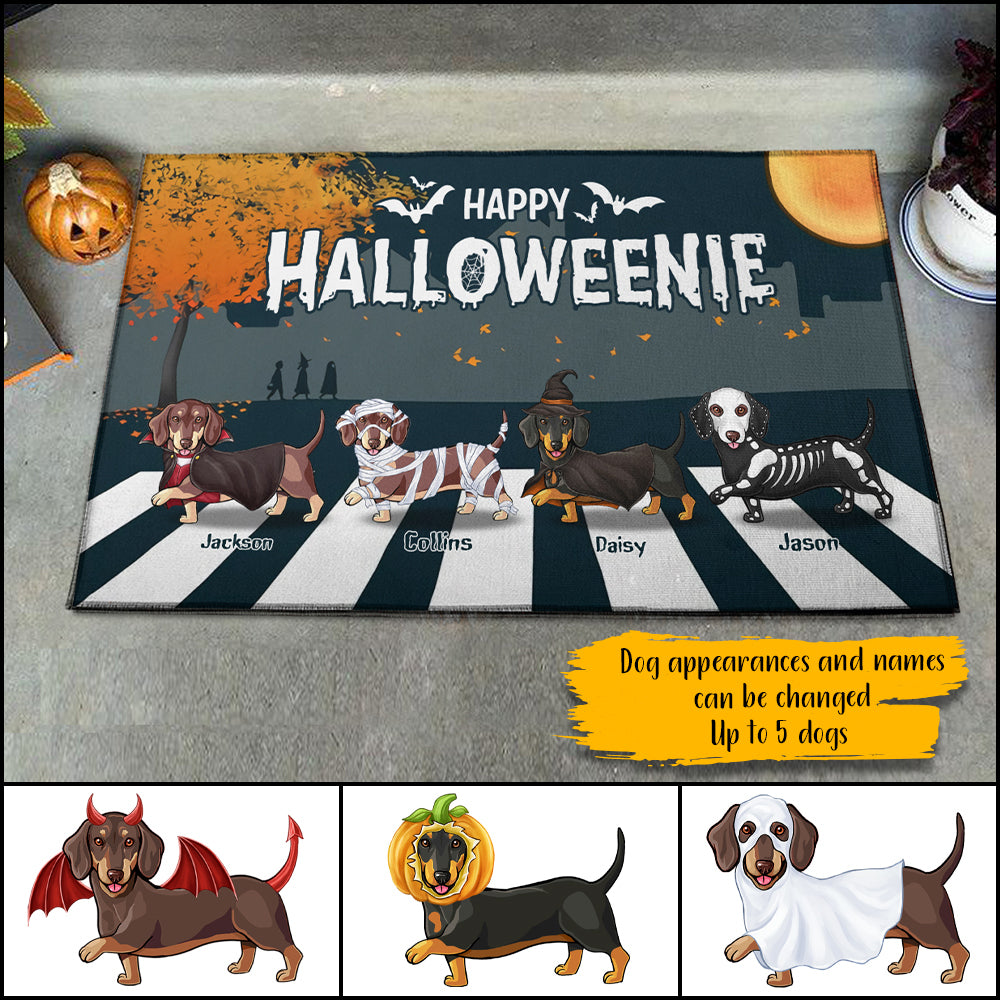 89Customized Happy Halloweenie Dachshund Personalized Doormat