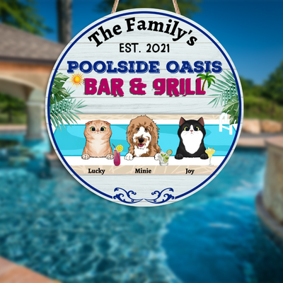 89Customized Dogs And Cats Poolside Bark & Grill Funny Personalized Wood Sign
