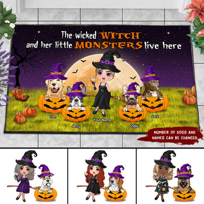 89Customized The wicked witch and her little monsters live here dog and witch 2 Customized Doormat
