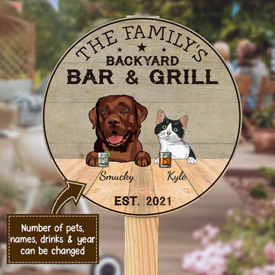89Customized Cat And Dog Backyard Bar & Grill Personalized Wood Sign