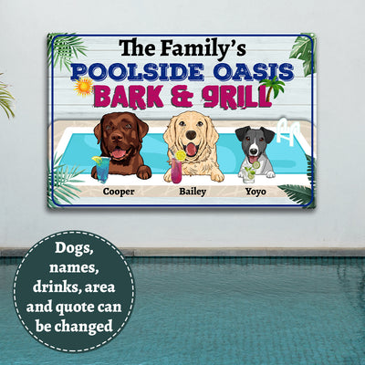 89Customized Dogs Poolside Oasis Bark & Grill Funny Personalized Printed Metal Sign